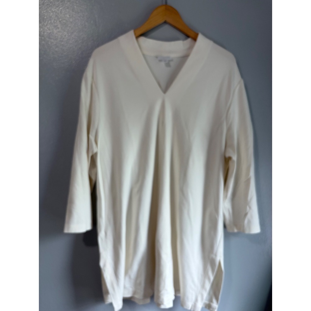 J. Jill Ponte Tunic Top Womens XL Off White V-Neck 3/4 Sleeve Side Slit